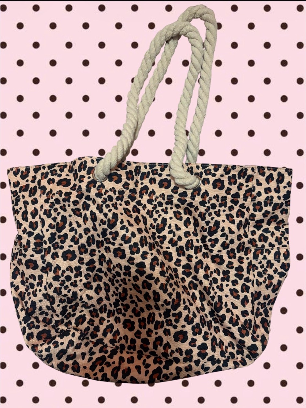 Leopard Print Tote Bag with Cream Rope Handles